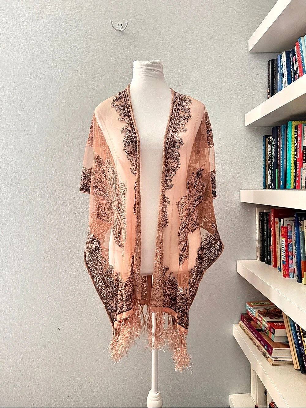 Pretty Persuasions Paisley Fringe Coverup in Tan Pink